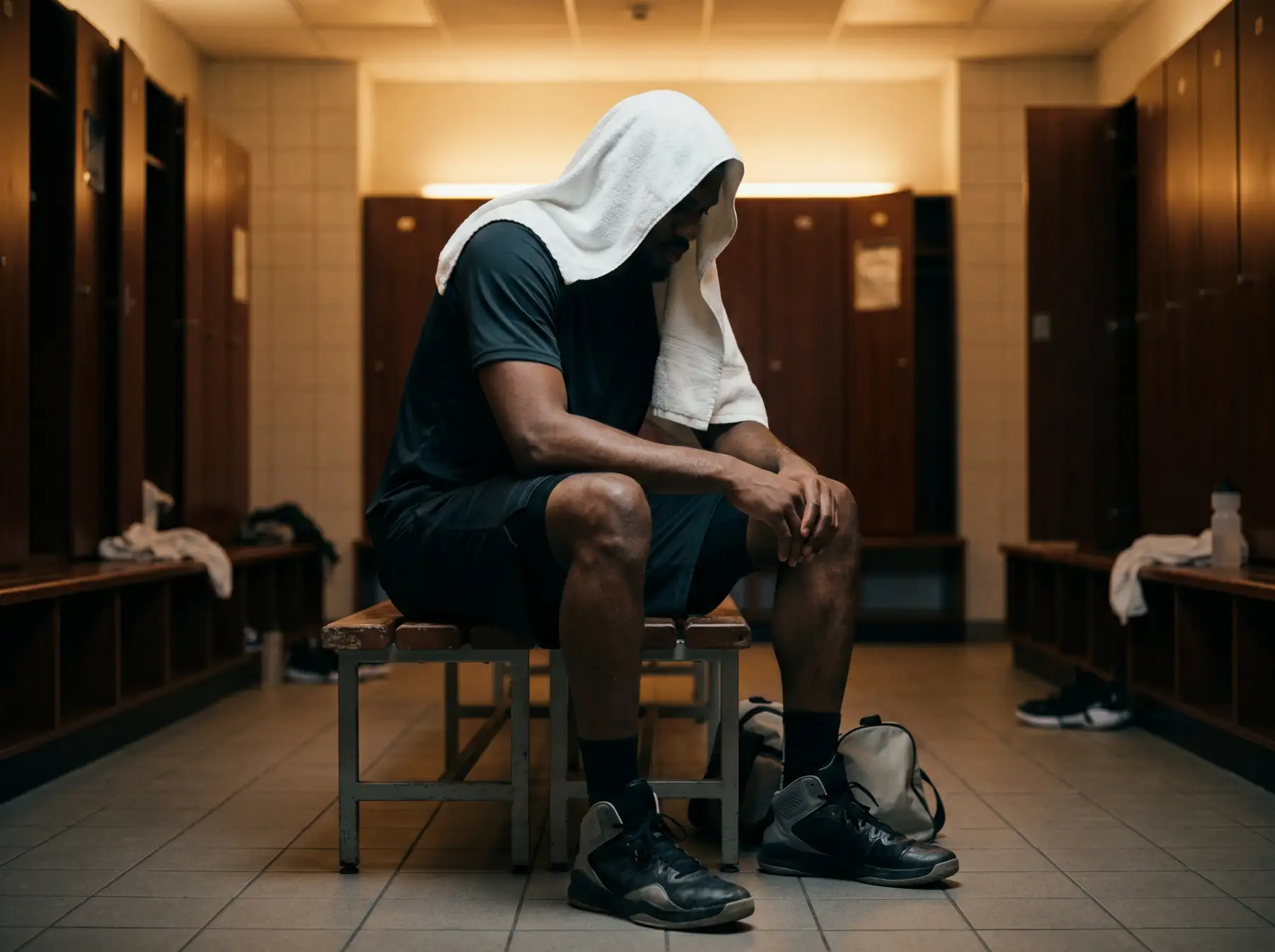 Jugador de baloncesto profesional sentado en el banquillo con toalla sobre los hombros