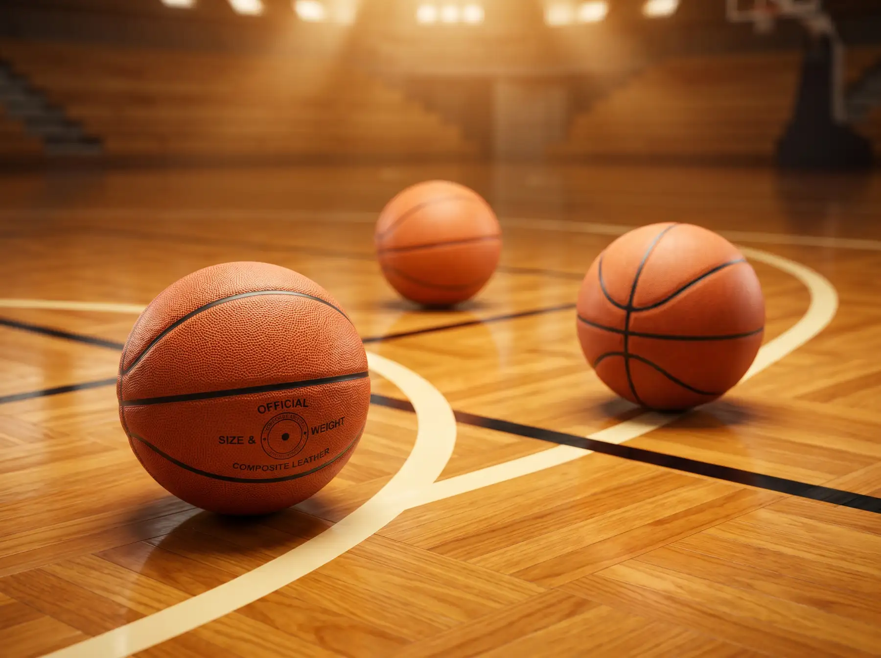 Balón oficial de baloncesto sobre parquet junto a marcador luminoso de pabellón