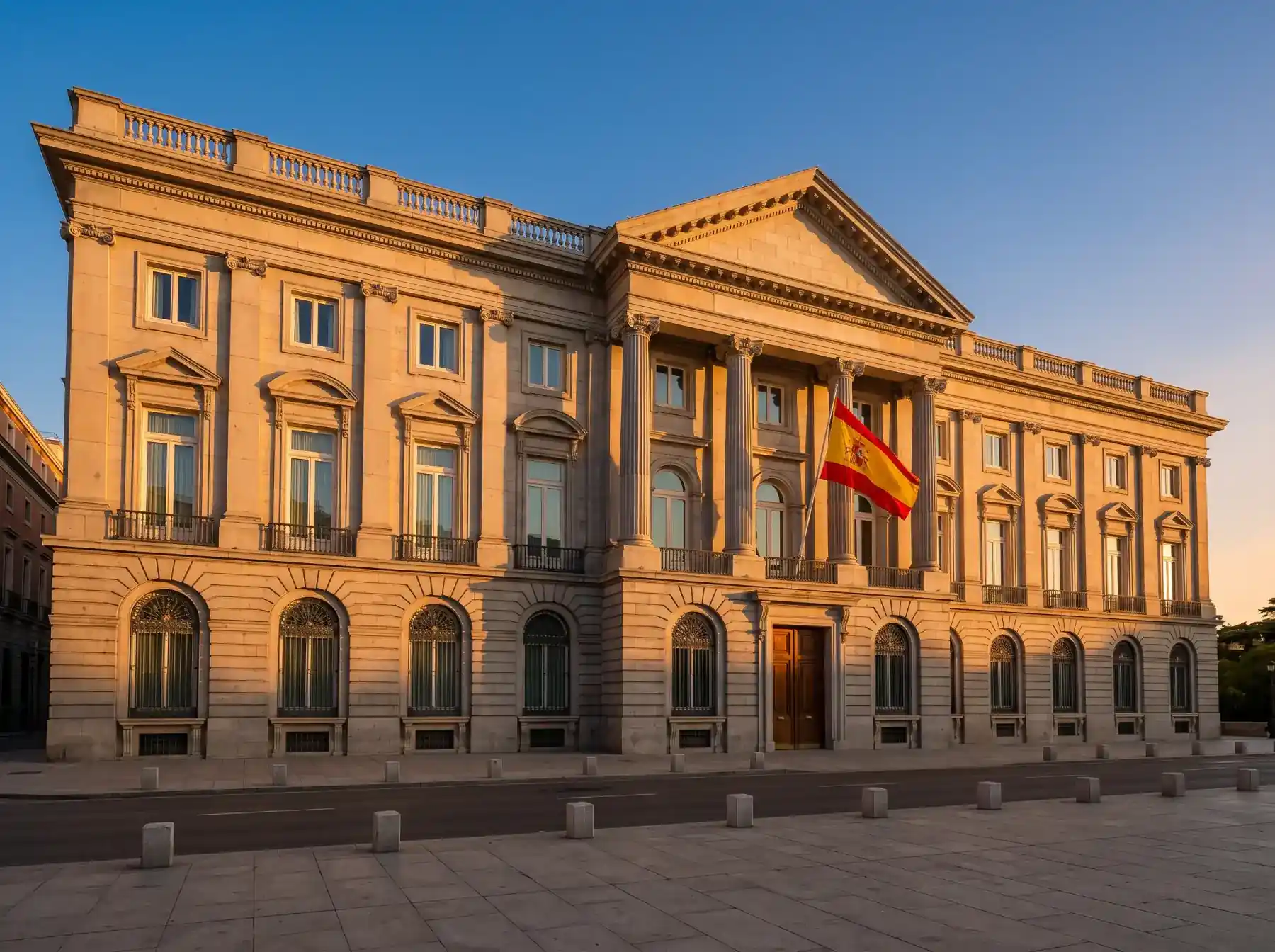 Edificio oficial en Madrid con bandera española ondeando al atardecer