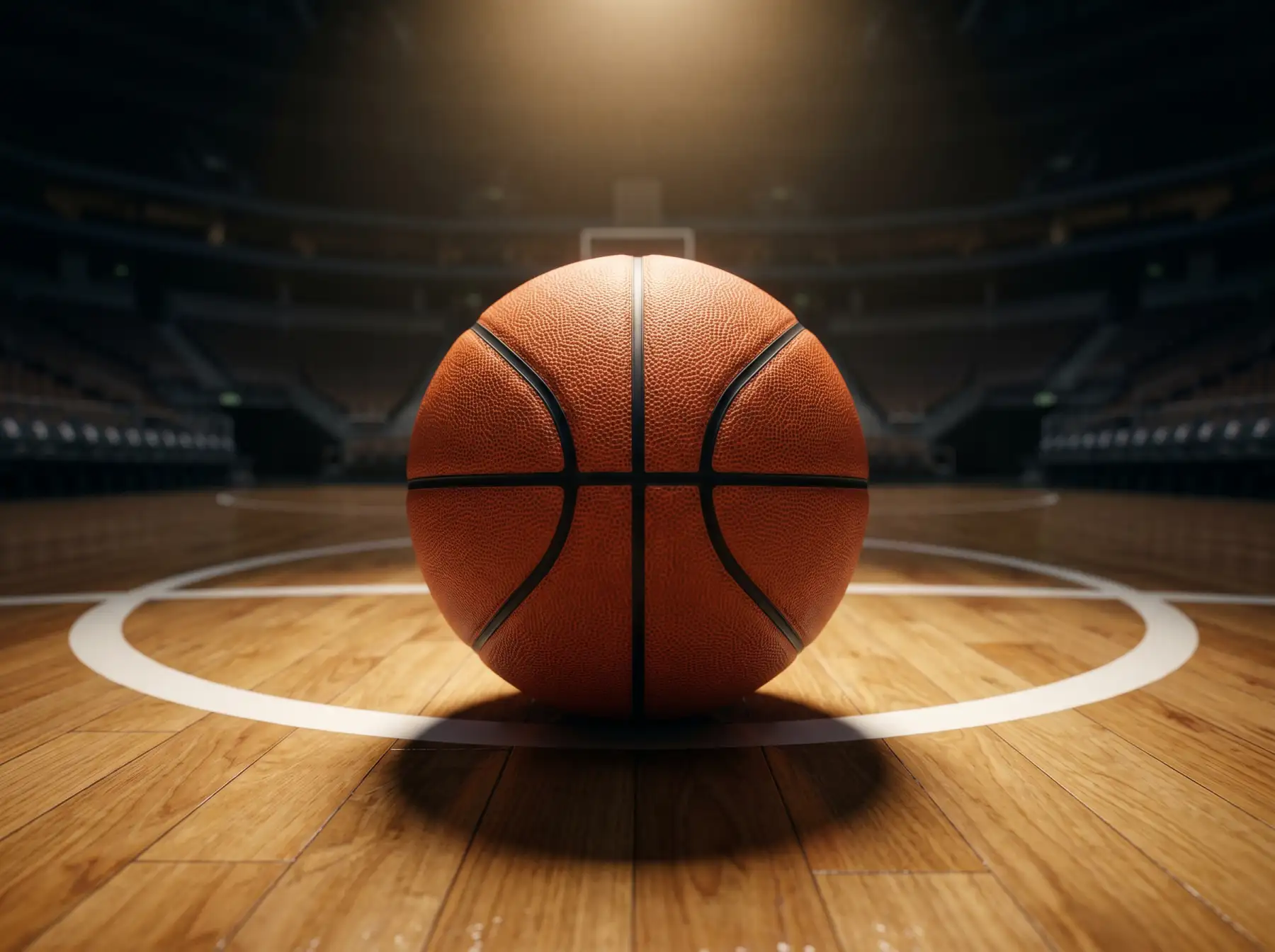 Balón de baloncesto naranja descansando sobre la línea de triple de una cancha profesional de parquet
